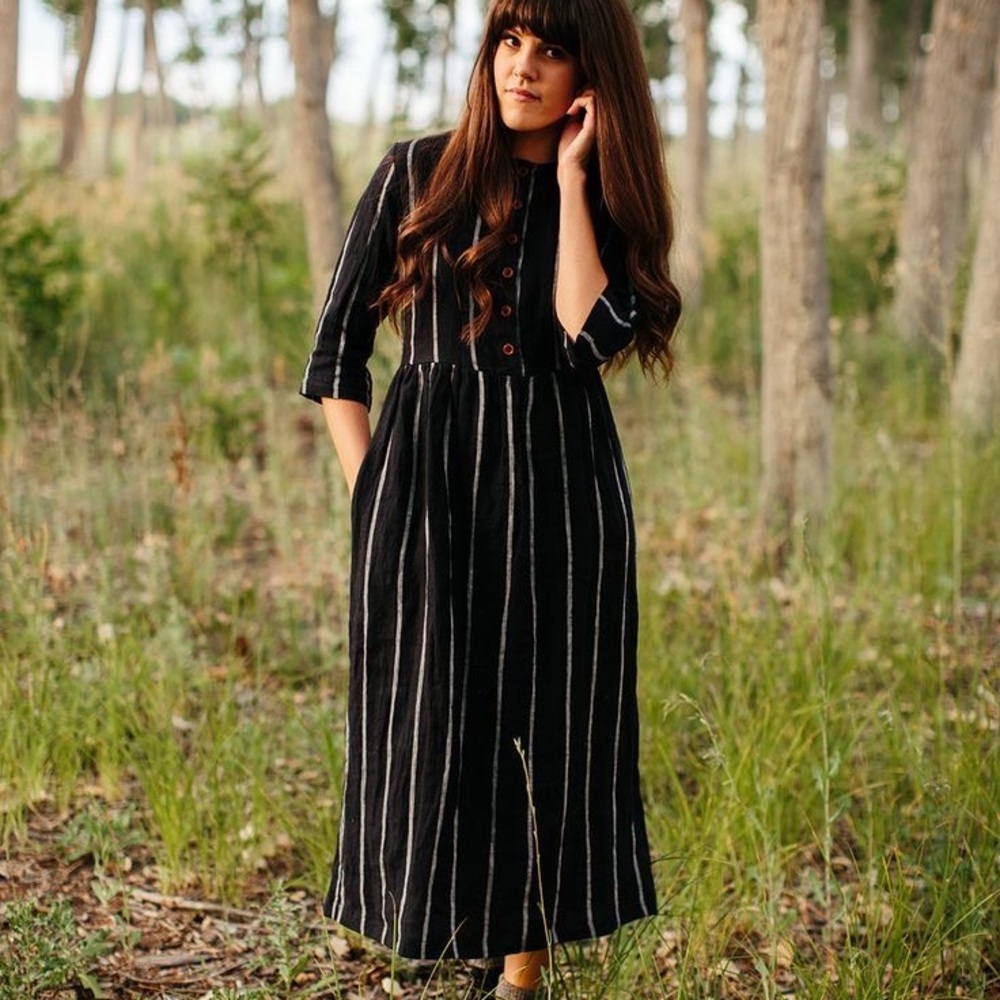 Pyne and Smith Model 12 Salem Stripe Linen, midi dress, medium